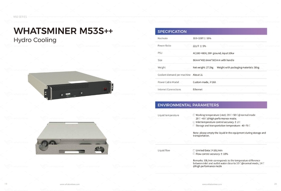 Гидро охлаждая водяное охлаждение машины минирования Whatminer M53S++ 310T 328T BTC