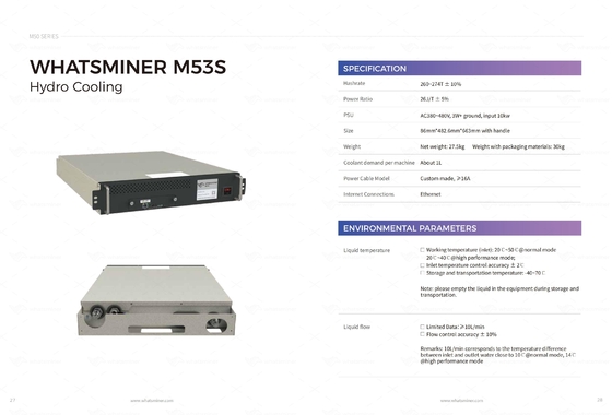 Гидро охлаждая горнорабочий Bitcoin ASIC водяного охлаждения Whatsminer M53S++ 310T 22j/T