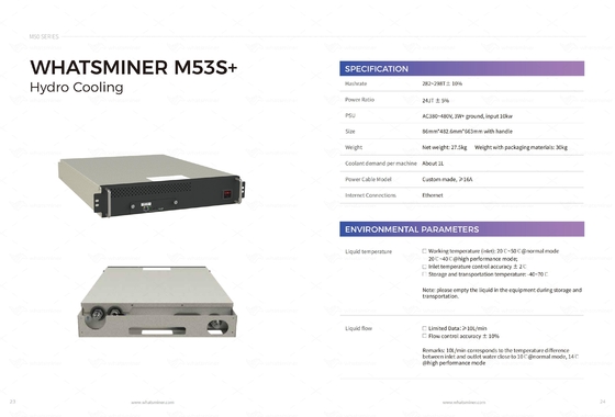 Гидро охлаждая водяное охлаждение машины минирования Whatminer M53S++ 310T 328T BTC