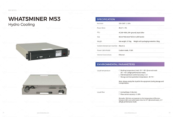 Гидро охлаждая горнорабочий Bitcoin ASIC водяного охлаждения Whatsminer M53S++ 310T 22j/T