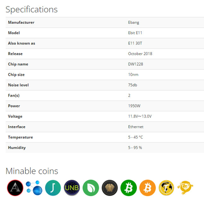 Горнорабочий 74db 10nm E11 30-ого 1950W SHA-256 BTC Ebang Ebit