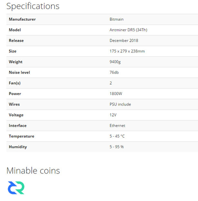 Горнорабочий Dr5 34t Bitmain Antminer Scrypt 34th Hashrate 1800W с PSU