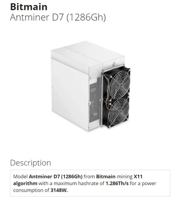 Машина минирования горнорабочего D7 1.286th/S 1183g 1234G Bitmain Antminer D7 1286gh 3148W X11 Asic