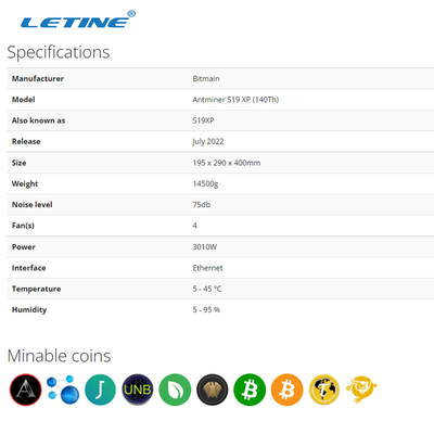 S19 XP 140TH 3100W Bitmain Asic Antminer высокое Hashrate 75db