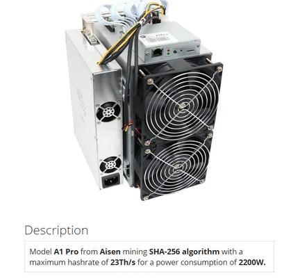Горнорабочий Aisen A1 Pro 23Th/S 26T/S 2200W Asic Bitcoin алгоритма SHA 256